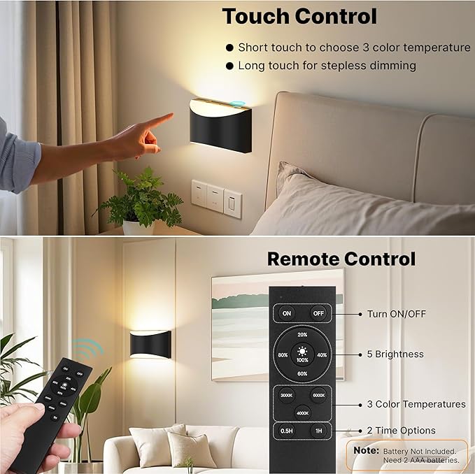 FOLKSMATE Battery Operated Wall Sconces Set of 4, Rechargeable Remote & Touch Control Wall Lamps, 3 Color Temperatures, Cordless Dimmable Lamp for Bedroom, Living Room, Hallway