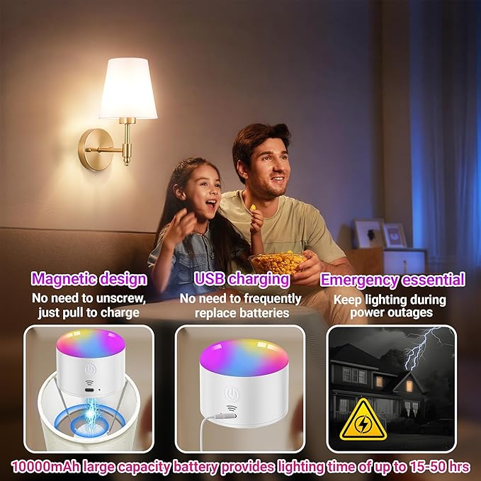 Battery Operated Wall Sconces Set of Two, Rechargeable Wireless Wall Lights with 10000mAh RGB Dimmable Detachable Bulb, Battery Sconces Wall Decor with Remote for Bedroom Living Room Hallway