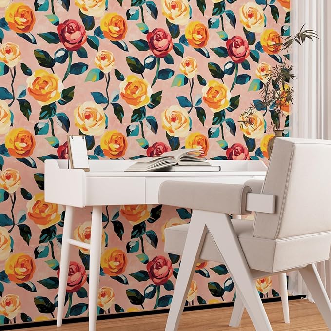 Watercolor Floral Wallpaper Peel and Stick, Pink/Orange/Yellow Rose Contact Paper 17.5" x 393", Boho Wall Paper Self Adhesive Waterproof Removable for Girl Bedroom Shelves Cabinet Drawer Table Decor