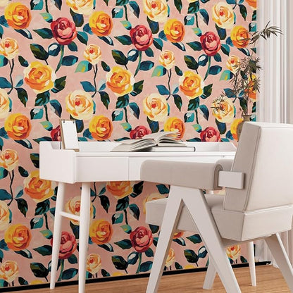 Watercolor Floral Wallpaper Peel and Stick, Pink/Orange/Yellow Rose Contact Paper 17.5" x 393", Boho Wall Paper Self Adhesive Waterproof Removable for Girl Bedroom Shelves Cabinet Drawer Table Decor