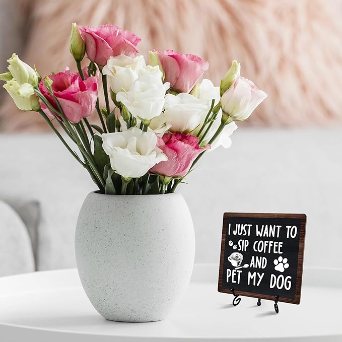 Coffee Sign Desk Decor, I Just Want To Sip Coffee And Pet My Dog Sign With Iron Stand, Wood Plaque Gifts For Dog Lovers, Farmhouse Cafe Desk Shelf Decoration -53