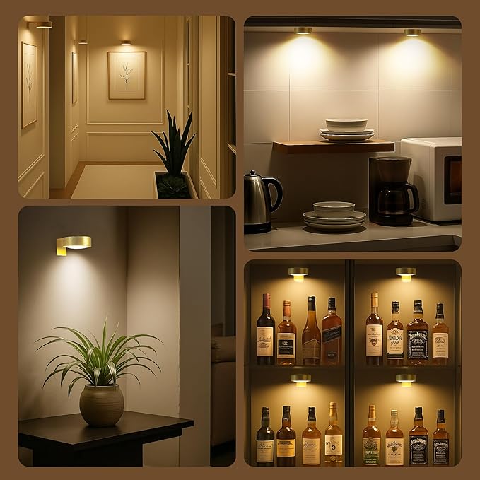 3Pcs Battery Operated Picture Light, Magnetic Led Painting Light with Remote Dimmable and Timer, 3 Lighting Modes Art Display Light for Picture Frame Paintings, Wireless Wall Decor Puck Lights, Gold