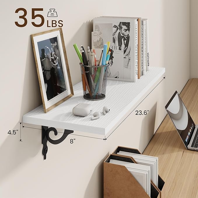 RICHFOCUS Floating Shelves for Wall Decor, 24Inch Rustic Shelves Set of 2, 24W x 8D Floating Shelves Wall Mounted with Metal Brackets, Wood Shelves for Living Room Bedroom Kitchen, White