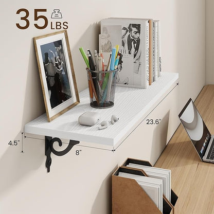 RICHFOCUS Floating Shelves for Wall Decor, 24Inch Rustic Shelves Set of 2, 24W x 8D Floating Shelves Wall Mounted with Metal Brackets, Wood Shelves for Living Room Bedroom Kitchen, White