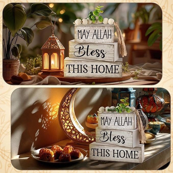 5 Pcs Islamic Table Decor Farmhouse Eid Ramadan Tiered Tray Decor White Stacked Books with Wood Bead Tassels Eucalyptus Leaves Eid Ramadan Block Signs Islamic Decoration for Home Kitchen