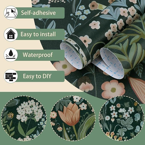 Peel and Stick Wallpaper Vintage Wall Paper Green Floral Contact Paper Removable Wallpaper 17.3"x196.8" Leaf Flower Self Adhesive for Bedroom Drawer Decor Vinyl Rolls