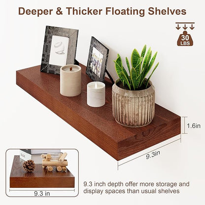 RICHFOCUS Floating Shelves for Wall | 24W x 9.3D Rustic Floating Shelves with Solid Ash Wood Veneer Set of 2 | Floating Wall Shelves with Upgraded Brackets | for Living Room Bathroom Home Office