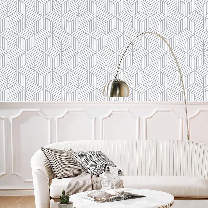 WENMER Geometric Hexagon Wallpaper Contact Paper 17.7 Inch x 394 Inch Geometric Hexagon Silver Peel and Stick Wallpaper Removable Vinyl Film for Home Drawer Shelf Use