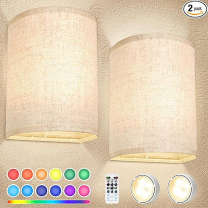 Battery Operated Wall Sconces Set of Two, 18 RGB Colors Stick on Wall Lights with Remote, Changeable Dimmable Height Fabric Battery Powered Wall Lights for Bedroom Living Room Hallway