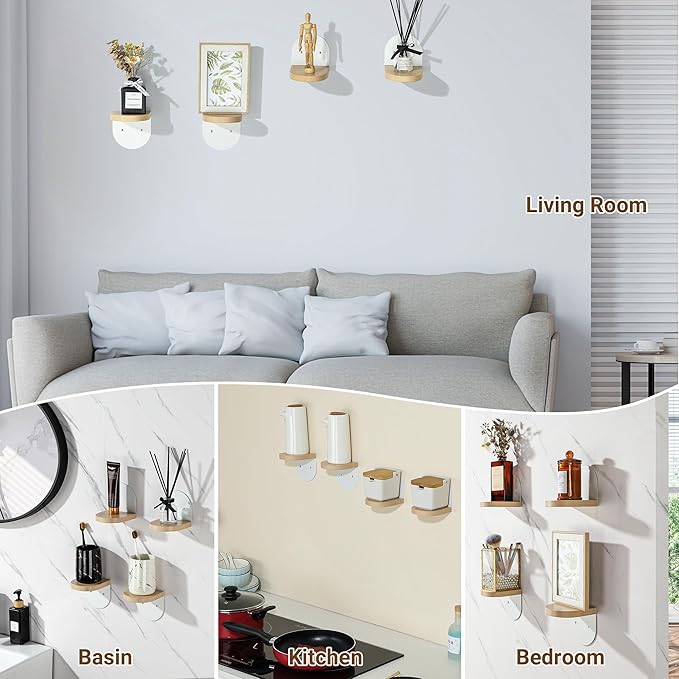 SAYAYO Small Floating Shelves for Wall Storage, 4 x 4 Inch Wall Shelves for Bedroom Decor, Mini Display Wood Shelf Organizer with White Base for Living Room, Office, Balcony, Rustic Brown，4 Pcs
