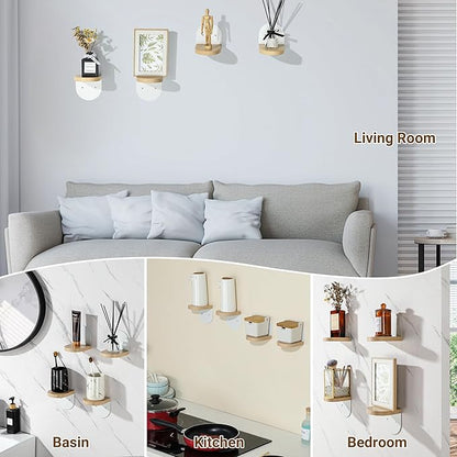 SAYAYO Small Floating Shelves for Wall Storage, 4 x 4 Inch Wall Shelves for Bedroom Decor, Mini Display Wood Shelf Organizer with White Base for Living Room, Office, Balcony, Rustic Brown，4 Pcs