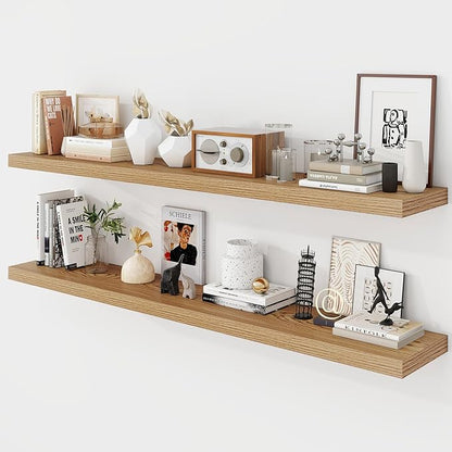 55 Inch Floating Shelves, 9.3" Deep Floating Shelf Wall Mounted, 56" Wall Shelves, Rustic Deep Bookshelf, Large Display Shelves & Storage Shelves for Bedroom, Living Room, Light Brown, Set of 2