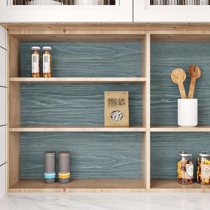 Wallercity Blue/Gray Weathered Wood Plank Peel and Stick Wallpaper for Countertops Self Adhesive Wood Grain Contact Paper for Cabinets Blue Distressed Vinyl Wall Paper Wrap for Counter Top 15.8x236 IN