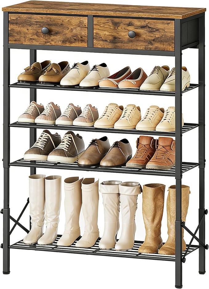 5 Tier Shoe Rack with Adjustable Height (37.4”-44.5”), Shoe Storage Shelf with 2 Non-Woven Drawers, Wooden Shoe Organizer for Entryway, Cloakroom, Rustic Brown and Black SS11BR