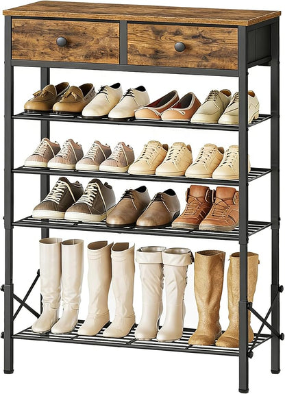5 Tier Shoe Rack with Adjustable Height (37.4”-44.5”), Shoe Storage Shelf with 2 Non-Woven Drawers, Wooden Shoe Organizer for Entryway, Cloakroom, Rustic Brown and Black SS11BR