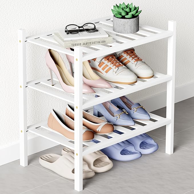 Smiry Bamboo Shoe Rack for Closet, 3 Tier Small Wooden Stackable Shoe Organizer, Free Standing Shoes Storage Shelf for Entryway, Front Door Entrance, White