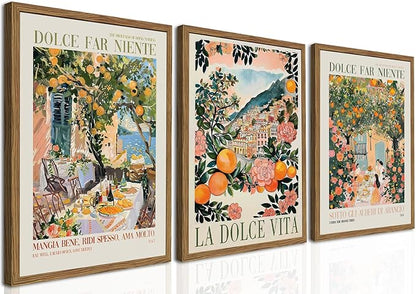 Italy Travel Wall Art Set of 3, Amalfi Coast Wall Decor, Trendy Italian Food Kitchen Poster Canvas Prints, Vintage City Landscape Artwork for Dining Room Living Room 12x16 inch Wood Framed