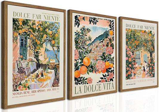 Italy Travel Wall Art Set of 3, Amalfi Coast Wall Decor, Trendy Italian Food Kitchen Poster Canvas Prints, Vintage City Landscape Artwork for Dining Room Living Room 12x16 inch Wood Framed