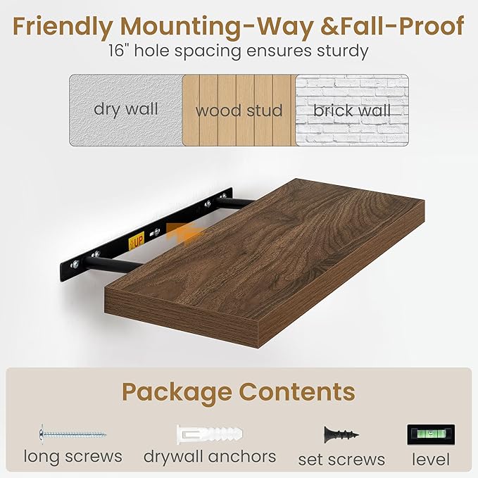Fun Memories Floating Shelves 24 Inch Long, 9.3 Inch Deep Floating Shelf for Lving Room, Bedoom, Kitchen, Deep Wall Shelves for Bathroom, 2 Pack Storage Display Shelf for Books, Decors, Walnut