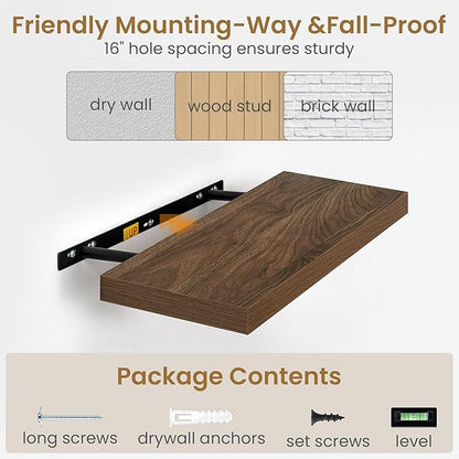 36 Inch Long Floating Shelves for Wall, 9.3 Inch Deep Floating Shelf with Heavy-Duty Bracket, 2 Pack Long Shelves for Bathroom, Living Room, Bedroom, Wall Mounted Storage Shelf for Books Decor, Walnut