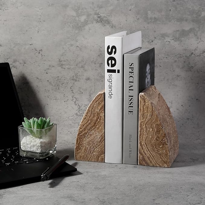 Koville Travertine Bookends for Shelves, Large Stone Bookends for Heavy Books, Non-Slip Heavy Duty Book Stopper for CD/Movies, Aesthetic Decorative Book Ends for Bookshelf Table Home Decor(Brown)