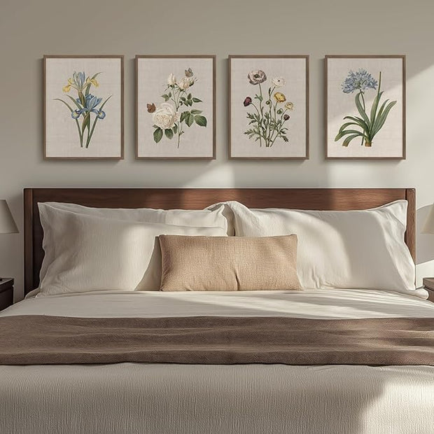 Framed Botanical Floral Wall Art, 4 Piece Vintage Flower Canvas Painting Prints for Bedroom, Rustic Floral Butterfly Pictures for Farmhouse Kitchen Living Room Dining Room Hallway Wall Decor, 11x14 In