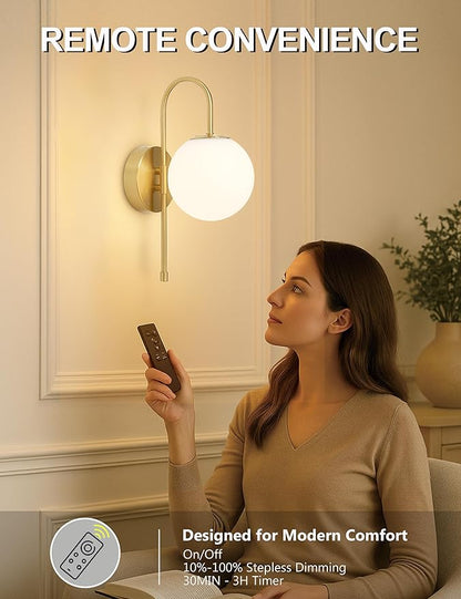 Battery Operated Gooseneck Wall Sconces Set of 2, Glass Globe Wireless Lights with Remote & Touch, Rechargeable Brushed Gold Sconce, 3 Color Dimmable Ambient Lighting for Bedroom Living Room