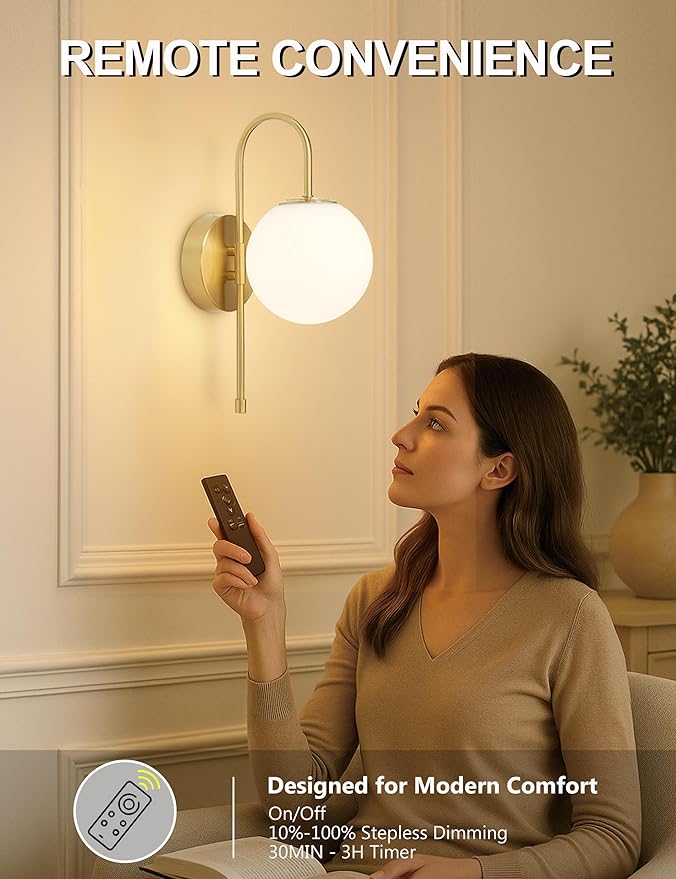 Battery Operated Gooseneck Wall Sconces Set of 2, Glass Globe Wireless Lights with Remote & Touch, Rechargeable Brushed Gold Sconce, 3 Color Dimmable Ambient Lighting for Bedroom Living Room