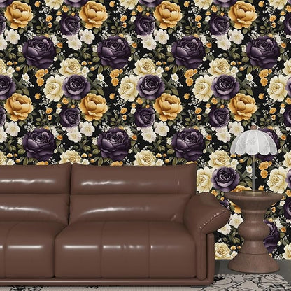 Floral Black Vintage Wallpaper Peel and Stick Dark Purple Beige Peony Contact Paper 17.5" x 118" Boho Wall Paper Modern Vinyl Self Adhesive Waterproof Removable for Kitchen Backsplash Cabinet Decor