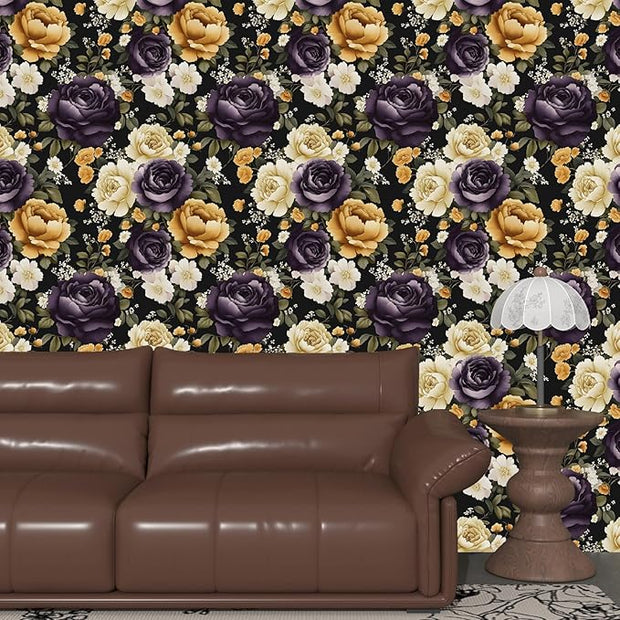 Floral Black Vintage Wallpaper Peel and Stick Dark Purple Beige Peony Contact Paper 17.5" x 118" Boho Wall Paper Modern Vinyl Self Adhesive Waterproof Removable for Kitchen Backsplash Cabinet Decor