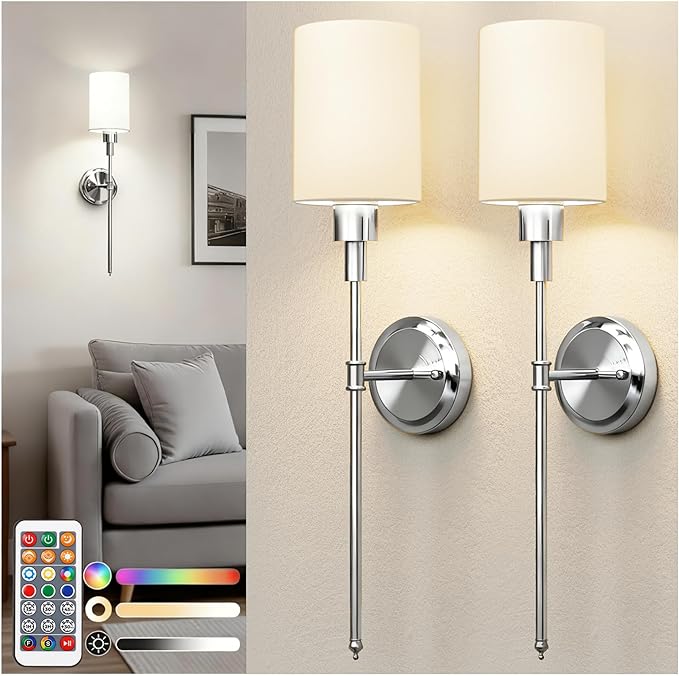 DORESshop Battery Operated Wall Sconce Set of 2, Wireless Wall Light Easy to Install, 7 Color Rechargeable Wall Sconces, Sconce Wall Decor Set of 2 for Bedroom, Living Room, Chrome, 24.3in