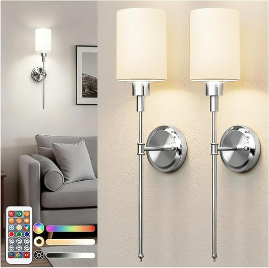 DORESshop Battery Operated Wall Sconce Set of 2, Wireless Wall Light Easy to Install, 7 Color Rechargeable Wall Sconces, Sconce Wall Decor Set of 2 for Bedroom, Living Room, Chrome, 24.3in