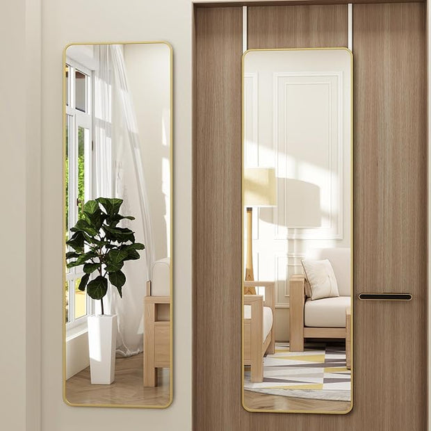 Full Length Door Mirror 14x48, Metal Frame with Protective Film, No-Drilling Hanging or Wall Mount (Horizontal/Vertical), Hooks & Hardware Included, Full Body Mirror for Bedroom, Dorm, Gold