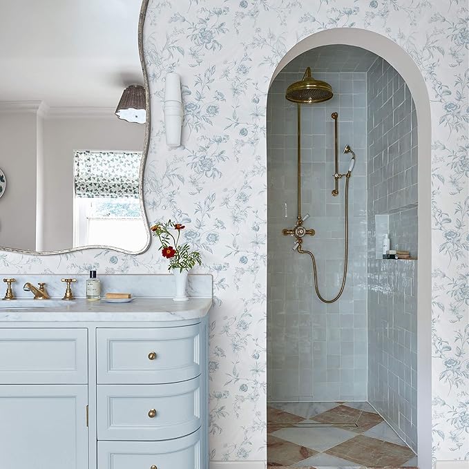 Ismoon Blue Wallpaper Peel and Stick Floral Vintage Stick on Wall Paper French Textured Contact Paper for Cabinet Removable Self Adhesive Wallpaper Vinyl Roll Shelf Deco, 17.3x393in