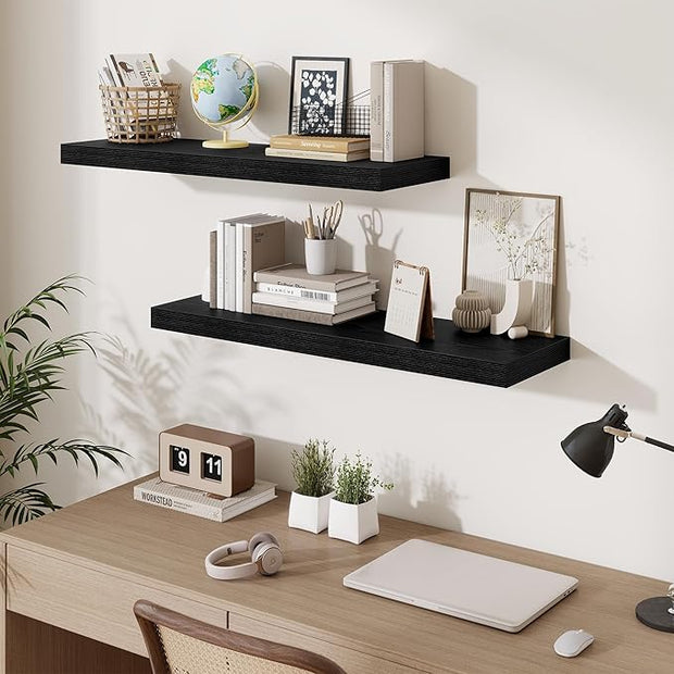Fun Memories Floating Shelves for Wall 36 Inches, Wood Shelves with Invisible Bracket, 10" Deep Shelves Wall Mounted, Large Wood Floating Shelves for Living Room Bathroom, Black, Set of 2