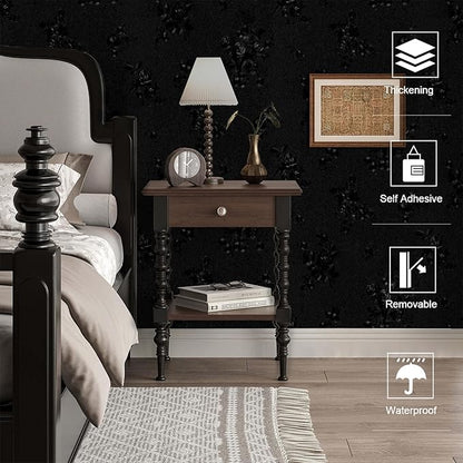 Dimoon 17.7''x118'' Peel and Stick Wallpaper Black Contact Paper Gothic Floral Modern Wall Paper Renter Friendly Self Adhesive Damask Cabinet Vinyl Roll(118''x17.7'', Black Floral Textured)