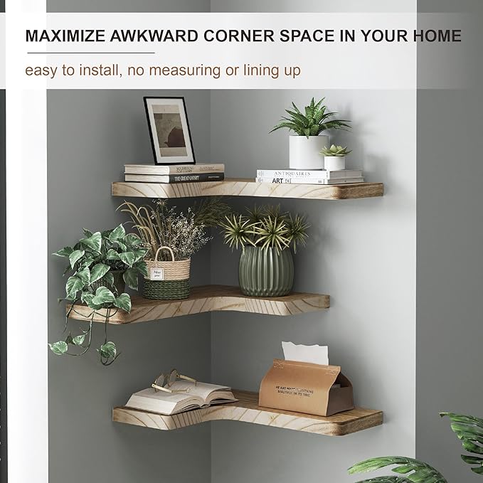 fuqing Floating Corner Shelves, Wall Shelf Set of 3, Shelves for Wall Storage, Solid Wood Shelves for Storage, Wall Mount Wooden Display Shelf for Bathroom Bedroom Kitchen Garage, Carbonized Black