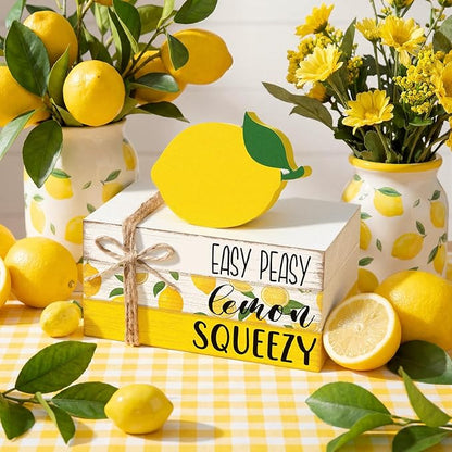 Geelin 4 Pcs Lemon Book Stack Decor, Wooden Faux Books for Home Table Centerpiece, Lemon-themed Kitchen Tiered Tray Decorations, Rustic Farmhouse Summer Lemon Decor for Living Room & Dining Table