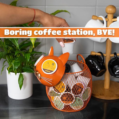 Made Easy Kit Coffee Pod Basket Organizer Useful Decor - Compatible with Keurig K-Cup Pods - Home Coffee Bar Functional Decoration - Café Station Countertop Freestanding Storage (Orange Cat)
