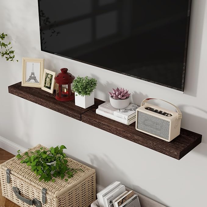 Axeman Floating Shelves, 2 Pack 8 Inch Deep Rustic Solid Wood Wall Shelves for Storage, Wall Mounted Display Shelving with Invisible Heavy-Duty Metal Bracket, 24