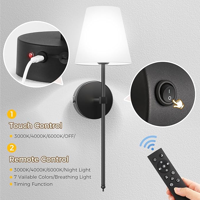 DORESshop Battery Operated Wall Sconce Set of Two, 10000mah Black Rechargeable Wall Sconce with Remote Control, 9 Colors Indoor Wireless Wall Lights for Bedroom Living Room Hallway, Dimmable