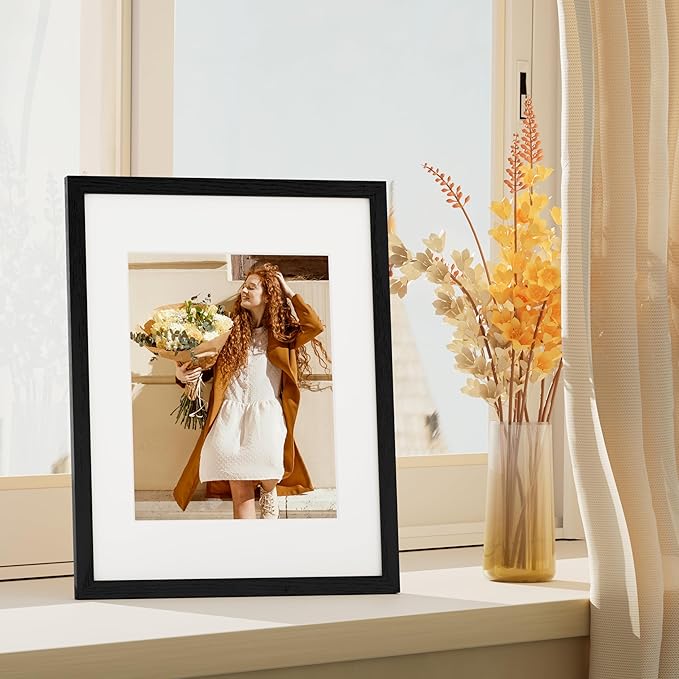 Vittanly 11x14 Picture Frame Set of 4, Display Pictures 8x10 with Mat or 11x14 without Mat, Engineered Wood with Shatter Resistant Plexiglass, Wall Gallery Photo Frames for Wall or Tabletop, Black