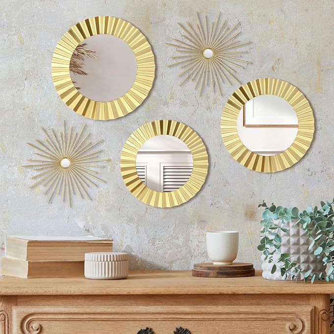 5 Pack Gold Metal Mirrors for Wall Gold Starburst Sunburst Wall Decor Set Metal Round Mirrors Decor Hanging Art Circle for Living Room Bathroom Bedroom Modern Decorative Gifts