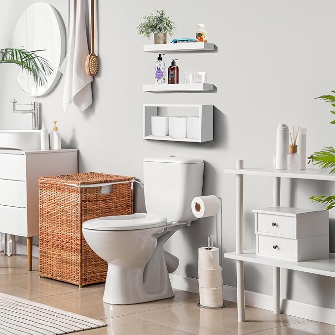 Sorbus Floating Shelves for Wall Set of 3 - Bathroom Shelves for Wall Storage, Over Toilet, Bedroom, Farmhouse, Decor - 2 Floating Shelves with Invisible Brackets & 1 Rectangular Box