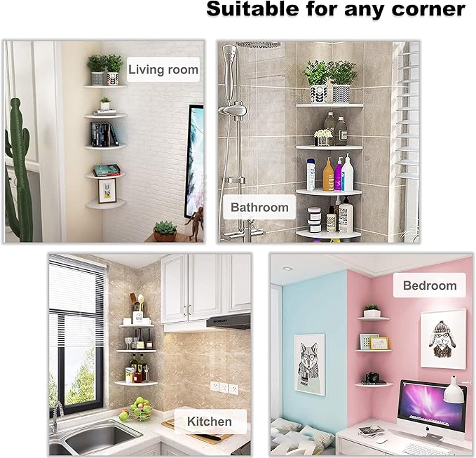 Set of 5 Pieces Corner Mounting Shelf with White, Wood Floating Wall Mounted Storage Shelf for Living Room, Bathroom, Bedroom, Kitchen, Office