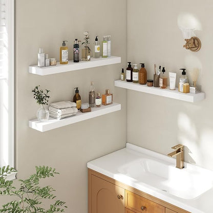 32 Inch Floating Shelves | 6.5 Inch Deep White Floating Shelves Set of 2 | 32" W x 6.5" D Rustic White Wood Wall Shelves with Invisible Brackets for Bathroom Living Room Bedroom
