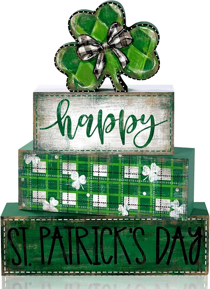 DIYDEC 4Pcs St.Patrick's Day Table Decoration Shamrocks Wooden Block Signs Rustic St. Patrick Tiered Tray Decor Happy St.Patrick's Day Centerpiece Sign for Farmhouse Holiday Tabletop Home Party Decor