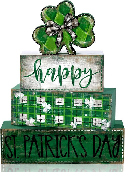 DIYDEC 4Pcs St.Patrick's Day Table Decoration Shamrocks Wooden Block Signs Rustic St. Patrick Tiered Tray Decor Happy St.Patrick's Day Centerpiece Sign for Farmhouse Holiday Tabletop Home Party Decor