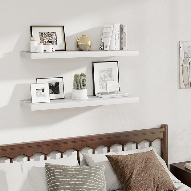 Fun Memories 12 Deep Floating Shelves, 40W x 12D Floating Shelves for Wall Set of 2, Extra Deeper Hanging Wood Shelves for Wall for Living Room Kitchen Laundry Room Kitchen Home Office - White