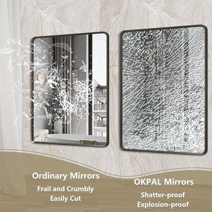 OKPAL 50X40 Inch Matte Black Bathroom Mirror, Black Framed Bathroom Vanity Mirror, Black Rectangle Mirror, Round Corner, Rustproof, Shatter-Proof (Horizontal/Vertical)